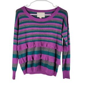 Ruby Rose Ruffle Sweater Womens Small Pink Green Stripe Feminine‎